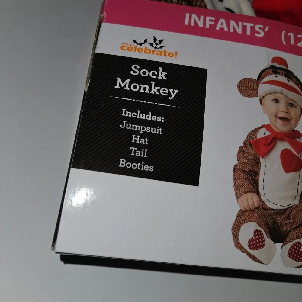NEW Sock Monkey Halloween Costume Tail Hat Baby 12-18 Months NO BOOTIES READ